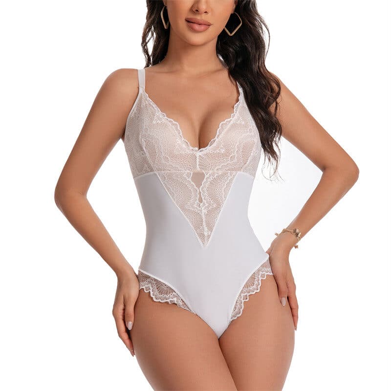 V Neck Lace Bodysuit Shapewear White