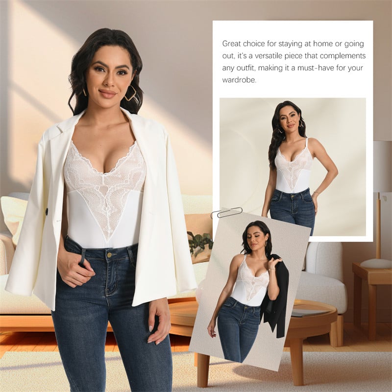 V Neck Lace Bodysuit Shapewear White