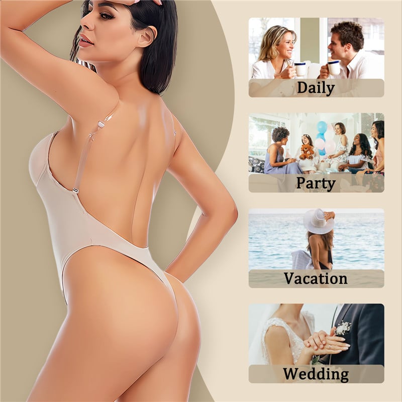 U Plunge Open Back Thong Shapewear Bodysuit Beige
