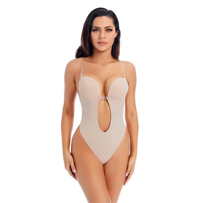 U Plunge Open Back Thong Shapewear Bodysuit Beige