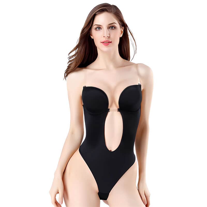 U Plunge Open Back Thong Shapewear Bodysuit Black