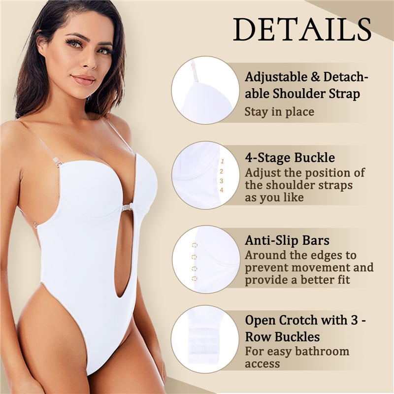 CS-25WS013W-1 U Plunge Open Back Thong Shapewear Bodysuit White