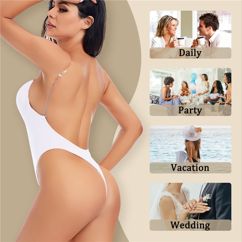CS-25WS013W-4 U Plunge Open Back Thong Shapewear Bodysuit White