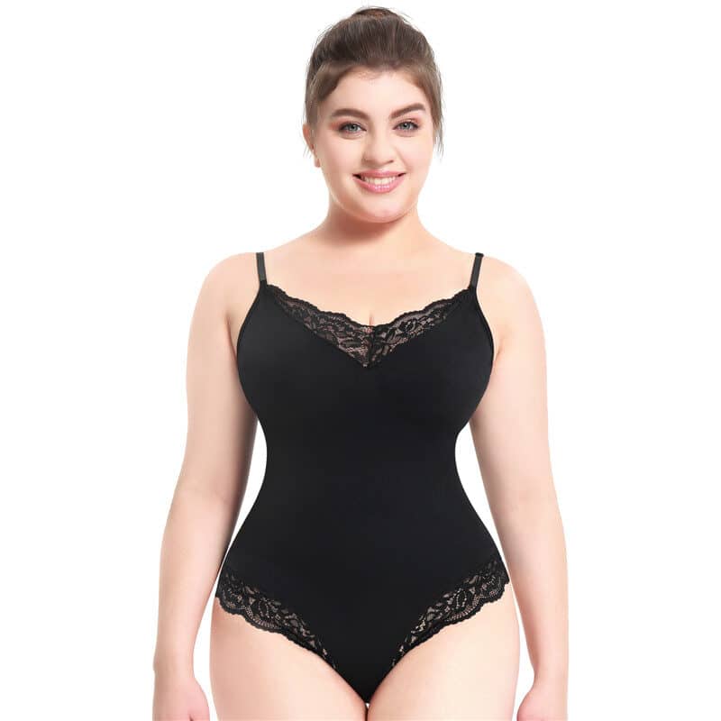 V Neck Lace Shapewear Bodysuit Black
