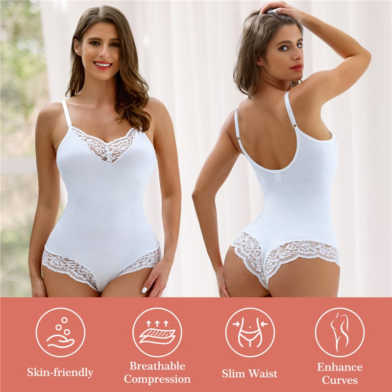 V Neck Lace Shapewear Bodysuit White